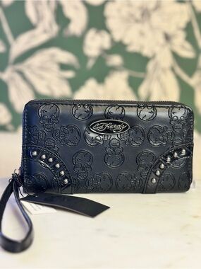 Ed Hardy Black Embossed Skull Zip Wristlet with Stud Accents NWT